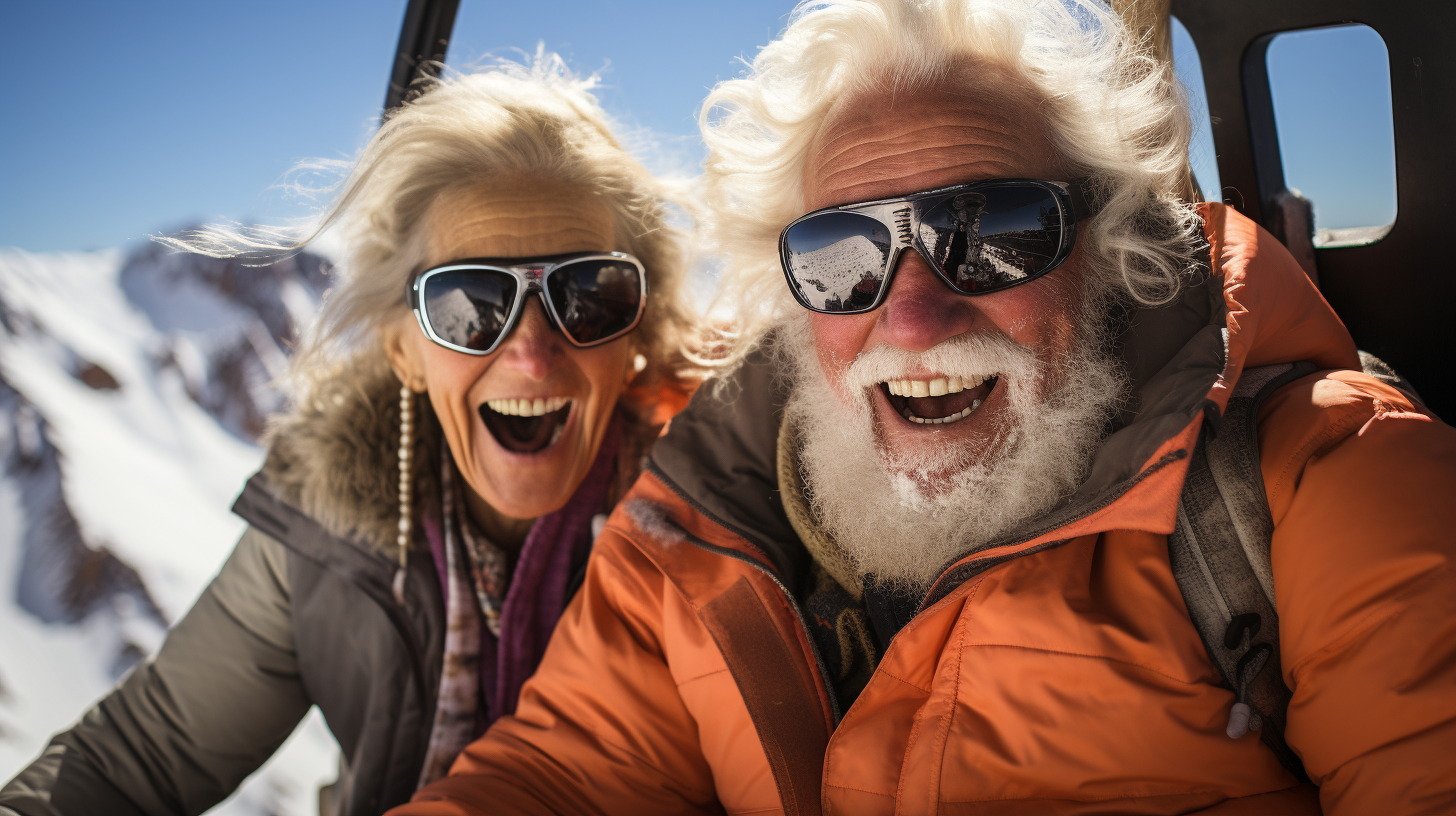Happy senior couple enjoying their ski lift adventure